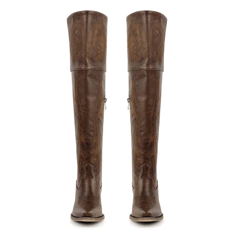 Onlymaker Winter Frauen Schwarz Braun Kniehohe Stiefel Spitz Chunky Pull Auf Bestickt Dick Heels Stiefel Zipper Große Größe - Blockshop.store