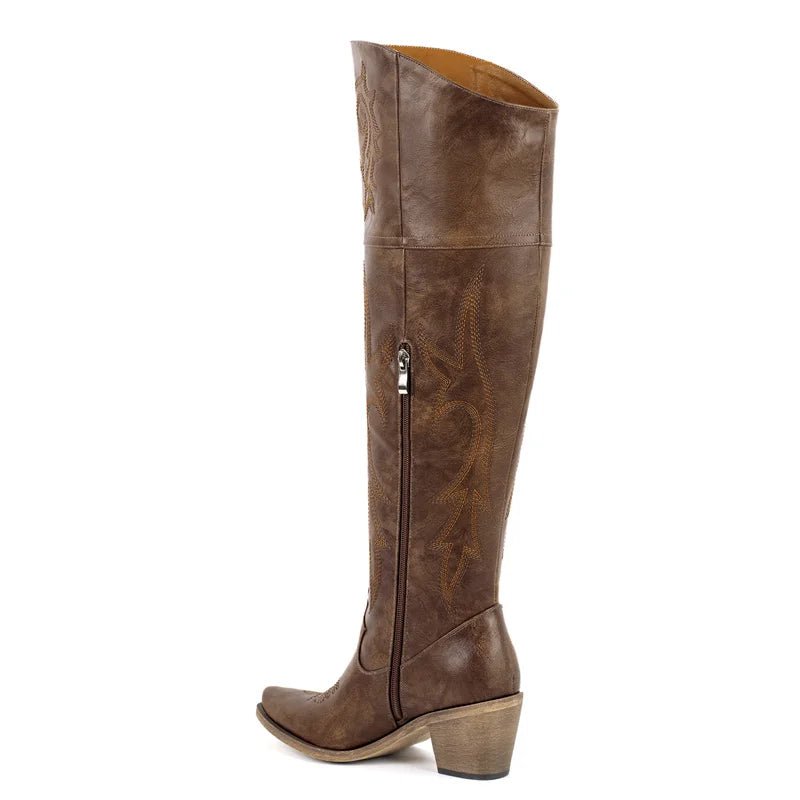Onlymaker Winter Frauen Schwarz Braun Kniehohe Stiefel Spitz Chunky Pull Auf Bestickt Dick Heels Stiefel Zipper Große Größe - Blockshop.store