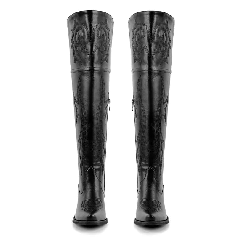 Onlymaker Winter Frauen Schwarz Braun Kniehohe Stiefel Spitz Chunky Pull Auf Bestickt Dick Heels Stiefel Zipper Große Größe - Blockshop.store