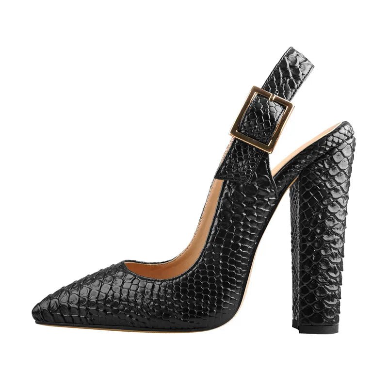 Onlymaker Women Sexy Slingback Pointed Toe Fish Scale 12CM Pumps Ankle Strap Chunky Square Heel Dress Shoes For Summer - Blockshop.store