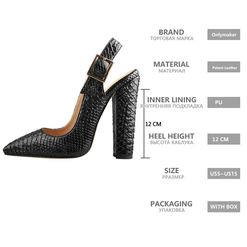 Onlymaker Women Sexy Slingback Pointed Toe Fish Scale 12CM Pumps Ankle Strap Chunky Square Heel Dress Shoes For Summer - Blockshop.store