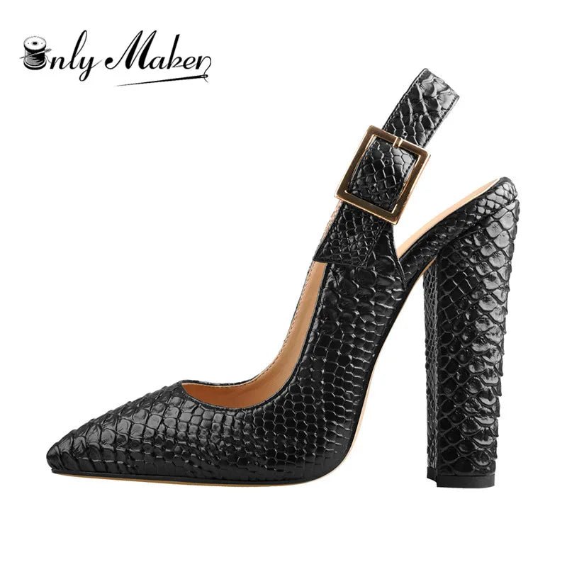 Onlymaker Women Sexy Slingback Pointed Toe Fish Scale 12CM Pumps Ankle Strap Chunky Square Heel Dress Shoes For Summer - Blockshop.store
