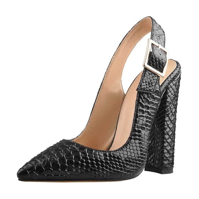 Onlymaker Women Sexy Slingback Pointed Toe Fish Scale 12CM Pumps Ankle Strap Chunky Square Heel Dress Shoes For Summer - Blockshop.store