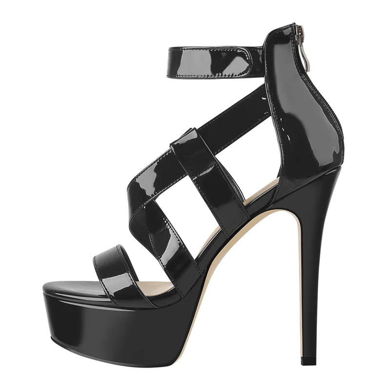 Onlymaker Women's Sandals Thin High Heels Shoes Women Hook And Loop Patent Leather Cross Strap Female Shoes Zipper Summer 2021 - Blockshop.store