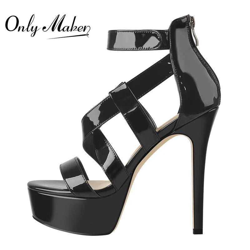 Onlymaker Women's Sandals Thin High Heels Shoes Women Hook And Loop Patent Leather Cross Strap Female Shoes Zipper Summer 2021 - Blockshop.store