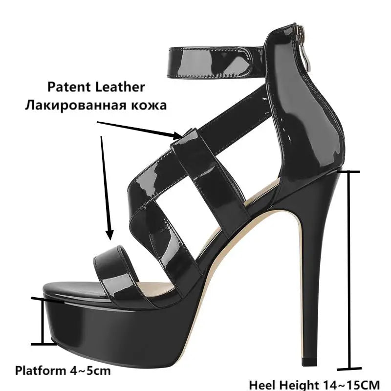 Onlymaker Women's Sandals Thin High Heels Shoes Women Hook And Loop Patent Leather Cross Strap Female Shoes Zipper Summer 2021 - Blockshop.store
