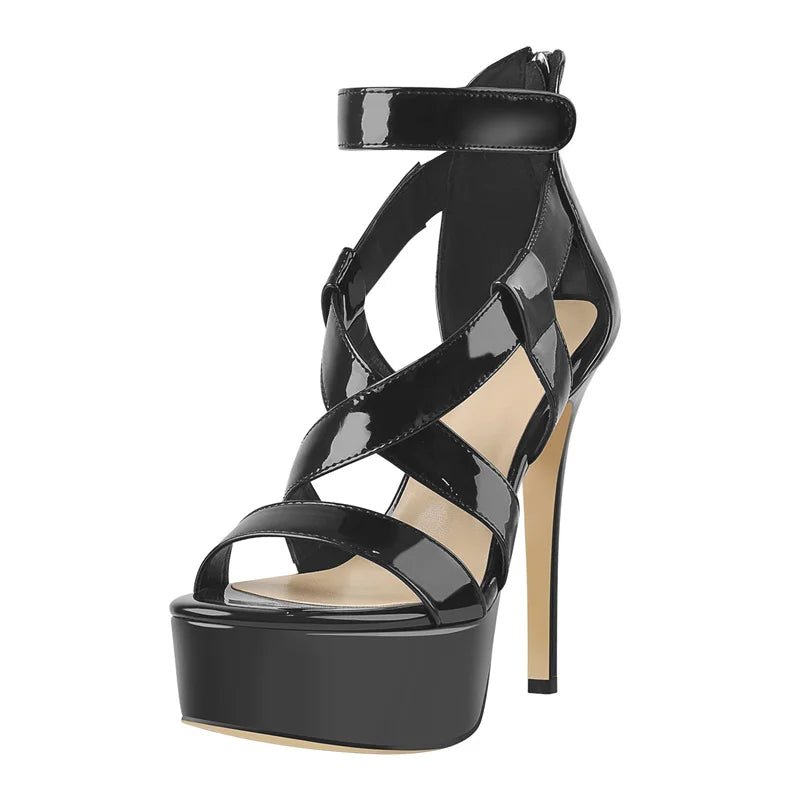 Onlymaker Women's Sandals Thin High Heels Shoes Women Hook And Loop Patent Leather Cross Strap Female Shoes Zipper Summer 2021 - Blockshop.store