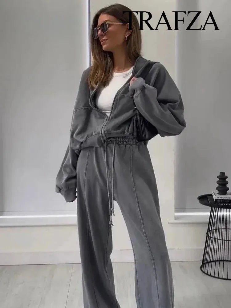 Trafza 2023 Frauen setzt lässige feste Bomber jacken Langarm Reiß verschluss Sweatshirt Mantel elastische Taille Hose eleganter fester Anzug - Blockshop.store