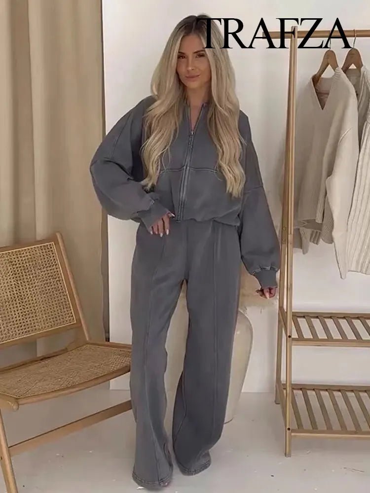 Trafza 2023 Frauen setzt lässige feste Bomber jacken Langarm Reiß verschluss Sweatshirt Mantel elastische Taille Hose eleganter fester Anzug - Blockshop.store