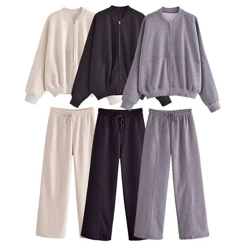 Trafza 2023 Frauen setzt lässige feste Bomber jacken Langarm Reiß verschluss Sweatshirt Mantel elastische Taille Hose eleganter fester Anzug - Blockshop.store