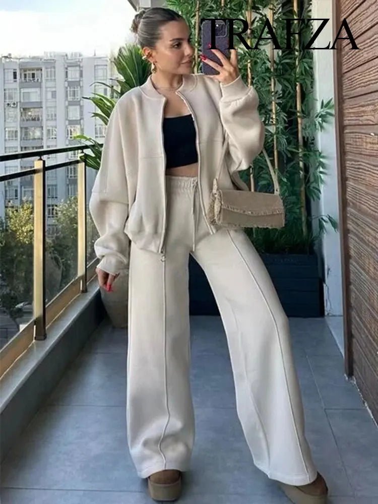 Trafza 2023 Frauen setzt lässige feste Bomber jacken Langarm Reiß verschluss Sweatshirt Mantel elastische Taille Hose eleganter fester Anzug - Blockshop.store
