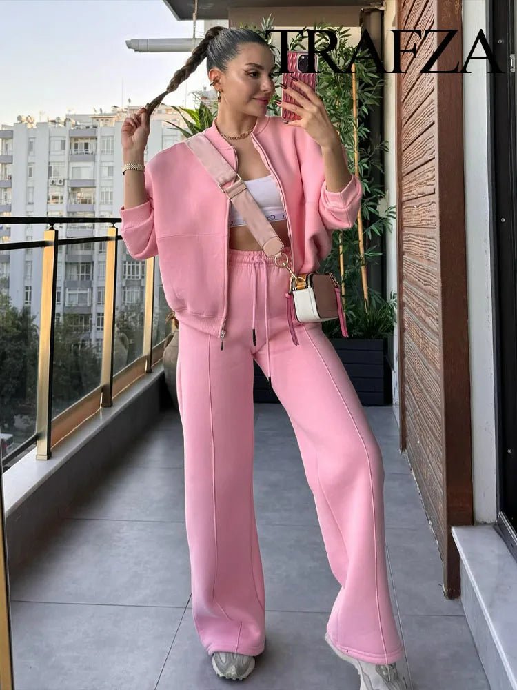 Trafza 2023 Frauen setzt lässige feste Bomber jacken Langarm Reiß verschluss Sweatshirt Mantel elastische Taille Hose eleganter fester Anzug - Blockshop.store