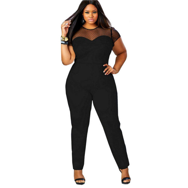 Womens Plus Size Jumpsuits Summer Casual Overalls Rompers Mesh Patchwork Bodycon Playsuits Long Pant Ladies Bodysuits 4XL