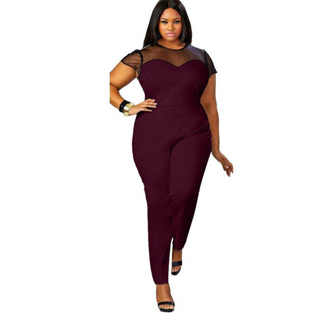 Womens Plus Size Jumpsuits Summer Casual Overalls Rompers Mesh Patchwork Bodycon Playsuits Long Pant Ladies Bodysuits 4XL