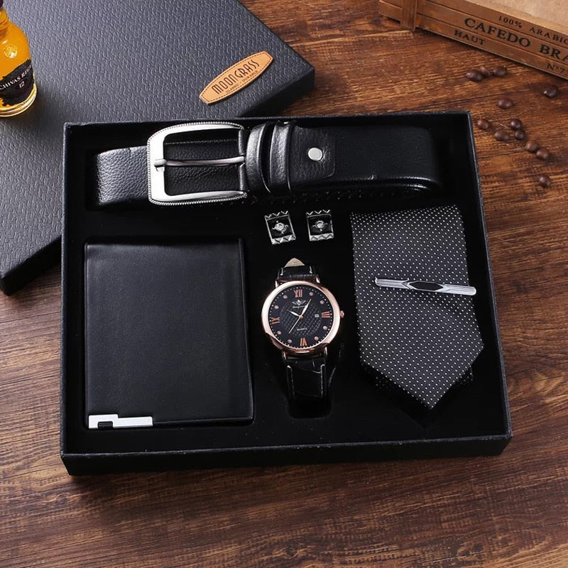 Fashion Men Watch Gifts Set Top Quality Belt Business Quartz Wrist Watch Folding Wallet Tie Cufflinks Tie Clips For Men Father