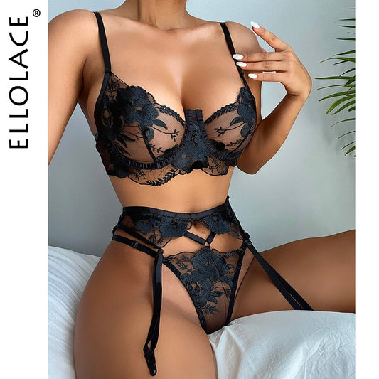 Ellolace Transparent Lingerie Sexy 3-Piece Sensual Lace Erotic Costumes See Through Hot Intimate Goods Sissy Porn Bilizna Set