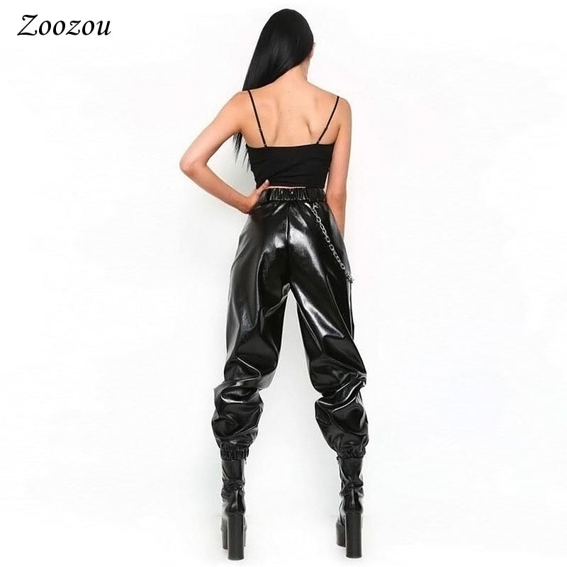 Ins High Waist Cargo Elastic Faux Leather Pants
