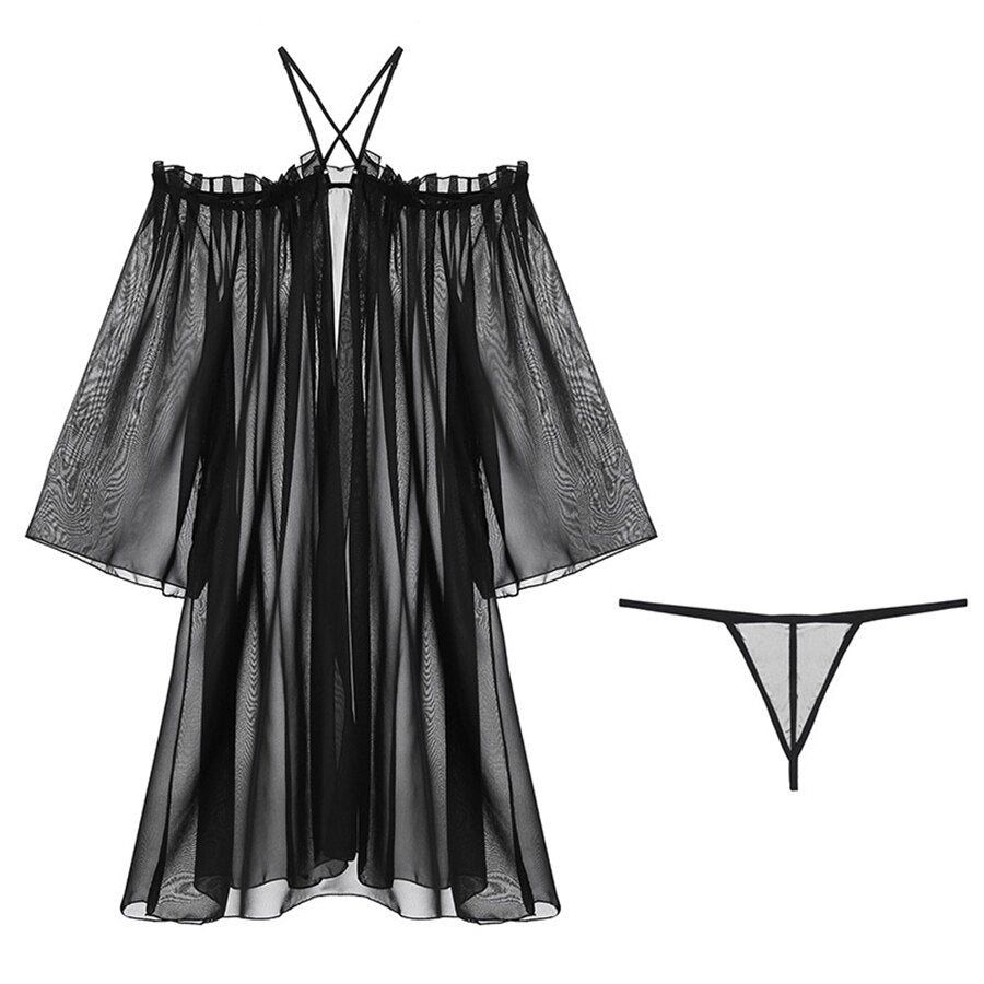 Women's Nightgown Long Gowns Black Lingerie Porno Peignoirs Women V-neck Sheer Dressing See Through Sexy Sleepwear Nightdress