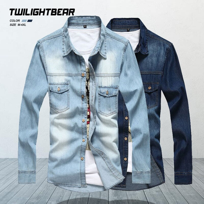 New Men&#39;s Denim Shirts Male Overshirt Long Sleeve Casual Blouse Retro Cowboy Shirts Men Clothing AF8001