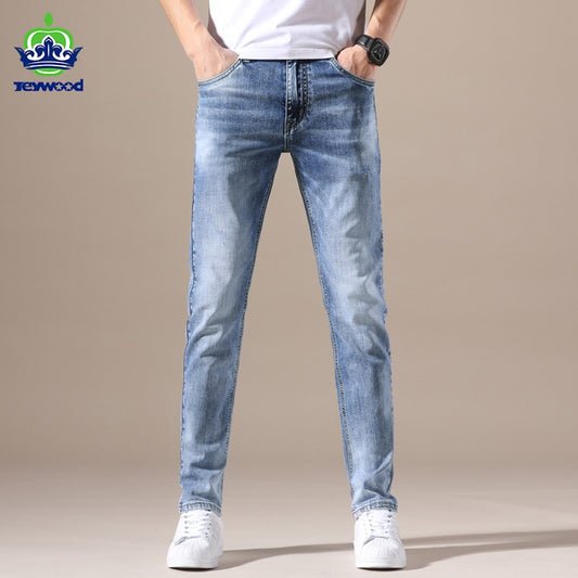 Jeywood Brand Clothing Jeans Men High Quality Stretch Light Blue Denim Fashion Pleated Retro Pocket Skinny Trousers Pants 28-40