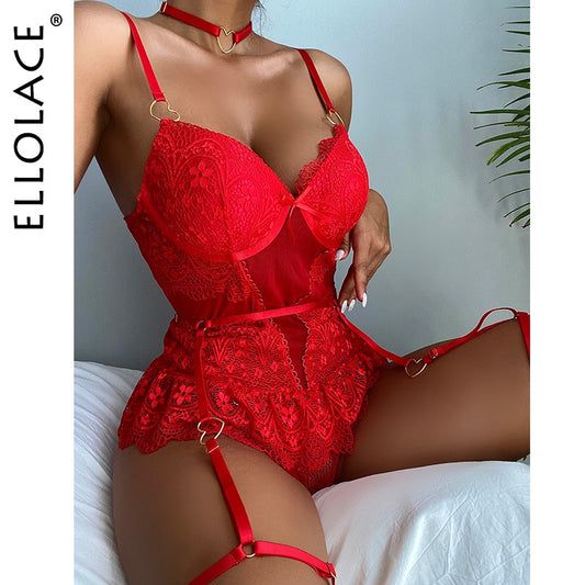 Ellolace Red Sensual Lingerie Bodysuit Lace Ruffle Christmas Erotic Body Bandage Sissy Teddies Bodysuits Lingerie Tempt