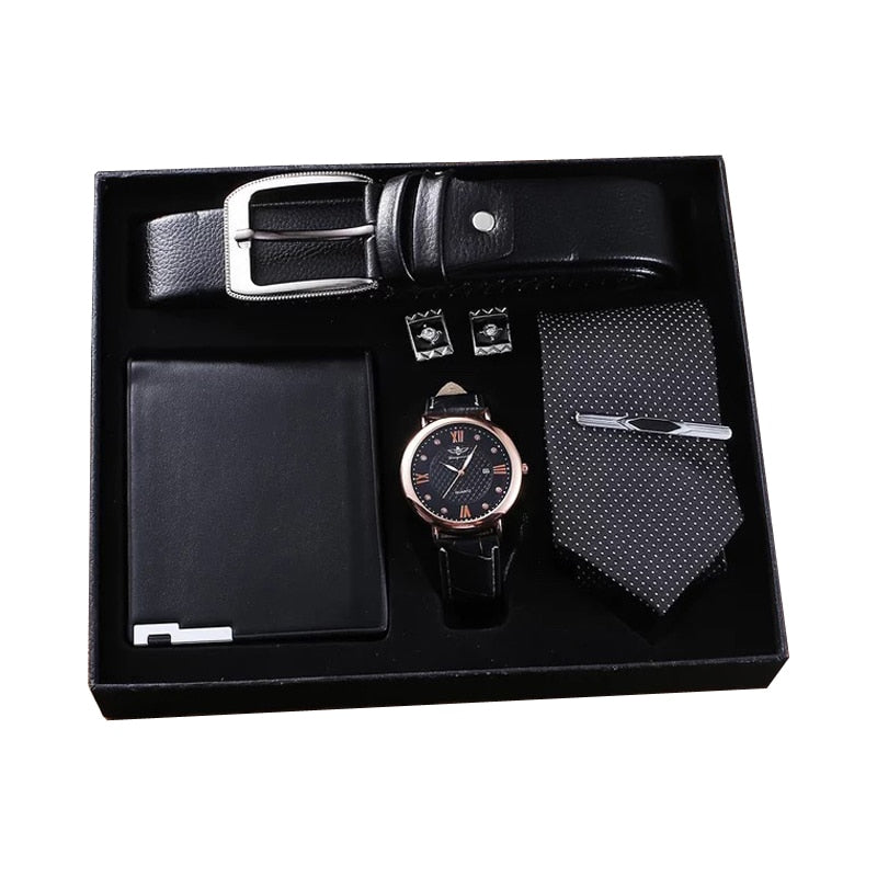 Fashion Men Watch Gifts Set Top Quality Belt Business Quartz Wrist Watch Folding Wallet Tie Cufflinks Tie Clips For Men Father