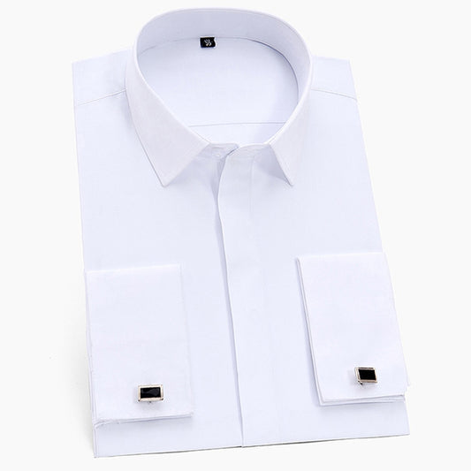 Men&#39;s Classic French Cuffs Solid Dress Shirt Covered Placket Formal Business Standard-fit Long Sleeve Office Work White Shirts