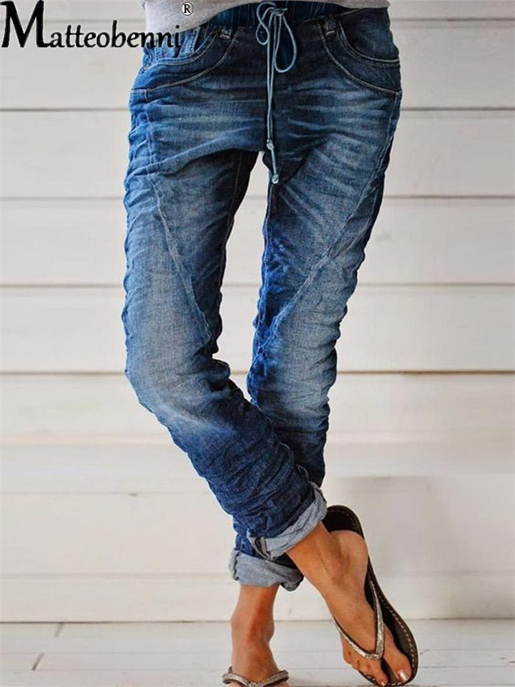 Women Drawstring Denim Jeans Casual Ripped Hole Stretch High Waist Trousers Ladies Full Length Elastic Pencil Pants