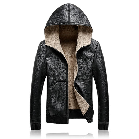 Mens Hooded Leather Jackets Men Business Casual Plus Thick Warm Windproof Fleece PU Leather Coats Motorcycle Suede Jacket 5XL