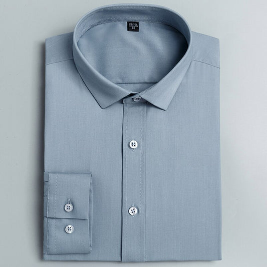 Men&#39;s Classic Long Sleeve Stretch Bamboo Fiber Basic Dress Shirt Pocketless Standard-fit Business Work Office Easy-Care Shirts