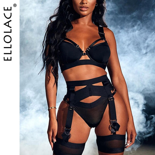 Ellolace Sexy Goth Women&#39;s Underwear Lingerie Hollow Out Black Exotic Brief 3 Piece Sets Setup Ladies Underwire Bilizna Set