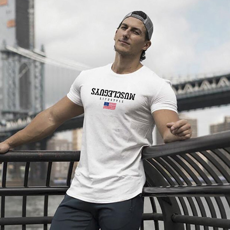 Muscleguys Liftstyle Summer Fashion Men&#39;s T Shirt Short Sleeve Fitness Mens Gyms Clothing Slim Fit Tshirt Hip-Hop Top Tees