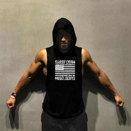 Muscleguys American flag Print Bodybuilding Sleeveless Hoodies Men Sporting Fitness hooded Tank Top Men Gyms Clothing Hoody