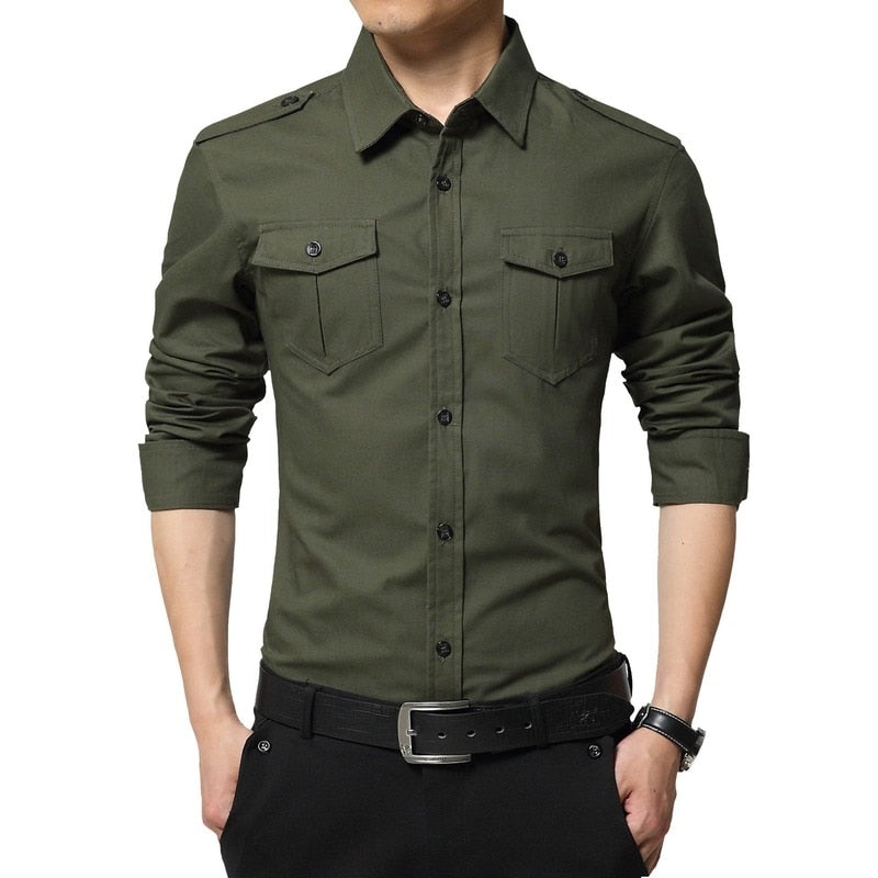 Mens Cotton Long Sleeves Military Pocket Shirts