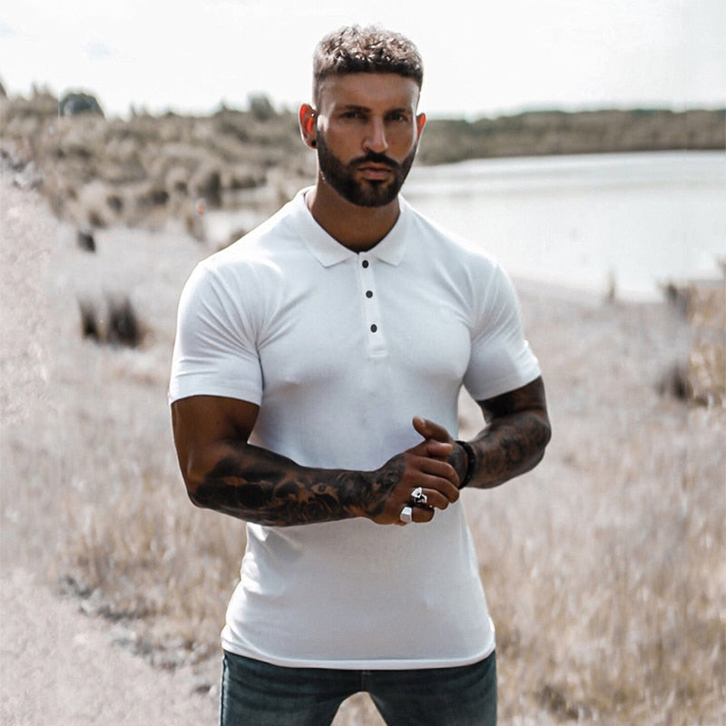 New Summer Fashion Mens Solid Short Sleeve Polo Shirts Cotton Slim Fit Turn Collar Male Gym Bodybuilding Fitness Polo Shirt