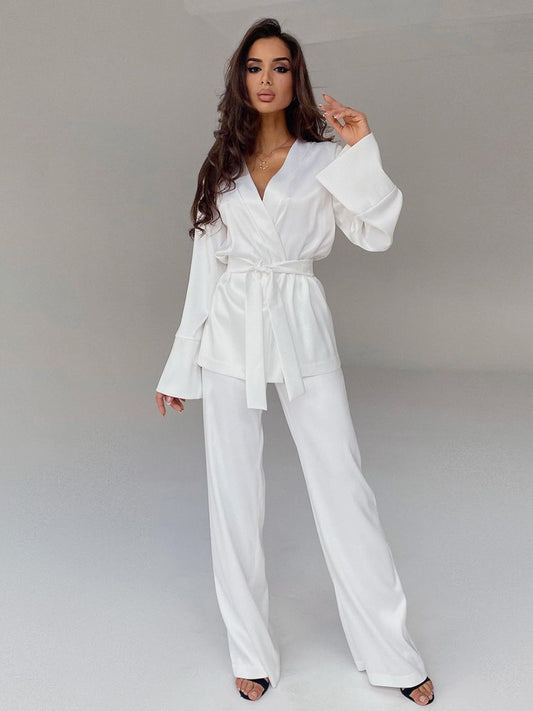 Solid Color Pajamas For Women Robe Sets Full Sleeves Women&#39;s Home Clothes Trouser Suits Satin Nightgowns Spring 2022 Loungewear