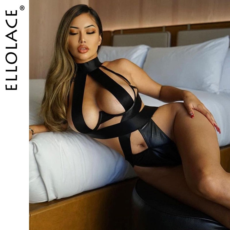 Ellolace Bandage Sexy Lingerie Bodysuit Women Halter Hollow Out Exotic Clothes Black Porn Bottom Sissy Hot Sensual Body