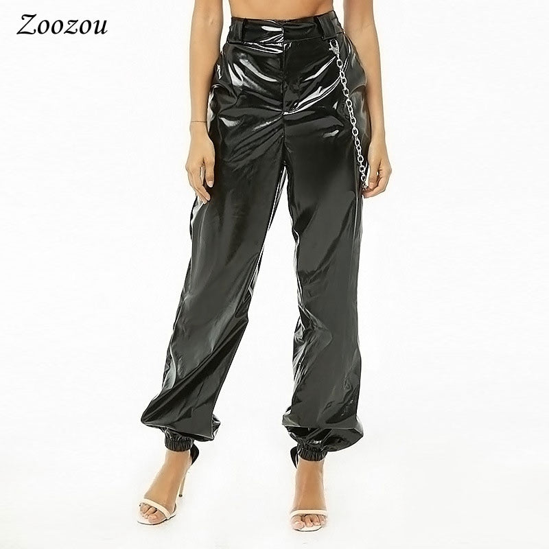 Ins High Waist Cargo Elastic Faux Leather Pants