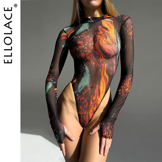 Ellolace Tie Dye Bodysuit Long Sleeve Lingerie Body Uncensored Tight Fitting Woman Crotchless Mesh Sexy Tops See Through Outfit