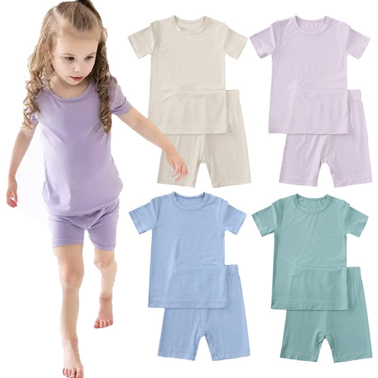 2023 Bamboo Fiber Toddler Kids Summer Outfits Clothes Solid Breathable Boys Girls Sleepwear Suit For Infant Loungwear Pyjamas