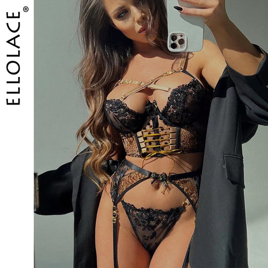 Ellolace Delicate Leopard Lingerie Cross Bra Kit Push Up See Through Underwear 4-Piece Fetish Fancy Luxury Lace Exotic Sets