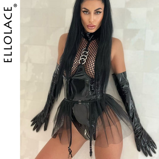 Ellolace Porn Fishing Net Latex Bodysuit Ruffle Garters Halter Sexy Costume 2-Piece Sissy Zipper Open Crotch Leather Body Teddy