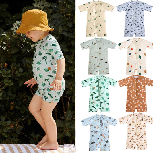 2023 Summer Baby Swimwear Romper Print Cap+Bodysuit 2 Pcs Polyester Bathing Swimming Clothes 9M-7T For Children Kids Swimsuits