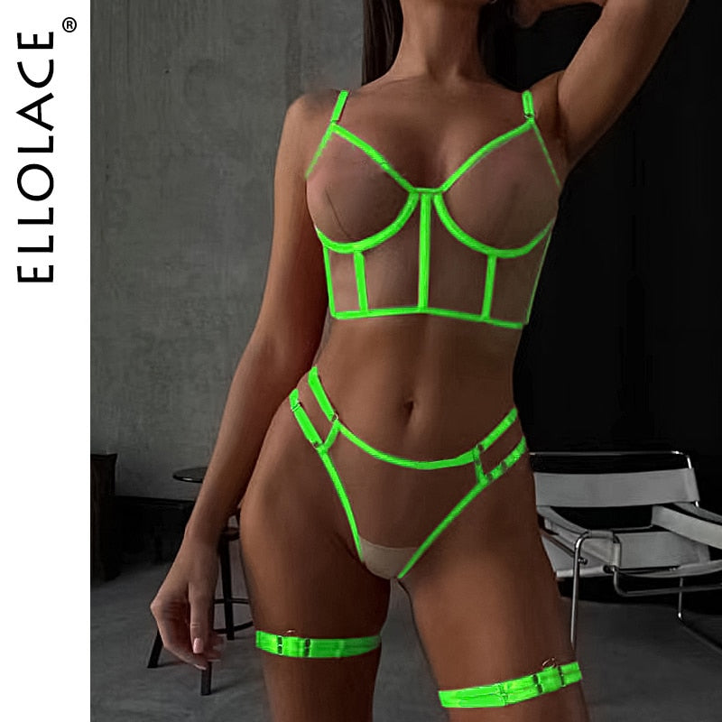 Ellolace Neon Green Lingerie Fetish Naked Women Without Censorship Underwear That Can See Intimate Sexy Nude Transparent Bra Set