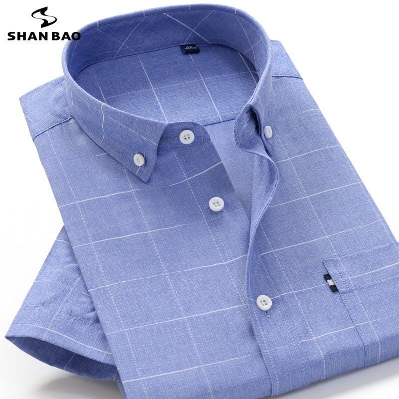 SHAN BAO classic brand men&#39;s business casual loose plaid short-sleeved shirt 2022 summer professional office large size shirt