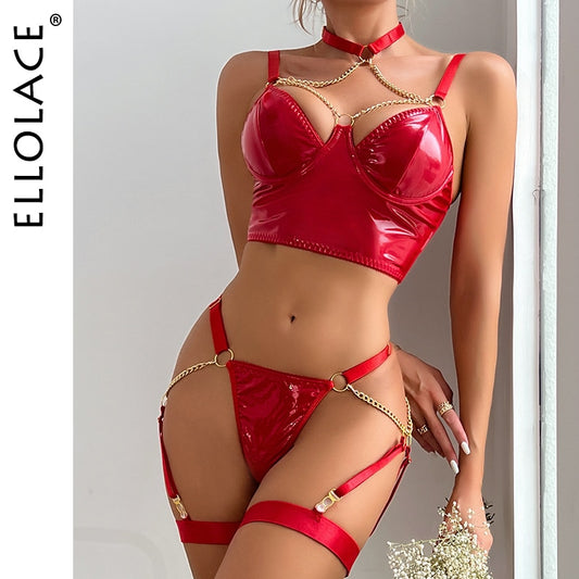 Ellolace Leather Fetish Lingerie With Chain Exotic Hot Sexy Bilizna Set Halter Bra Kit Push Up Latex Red Sensual Intimate
