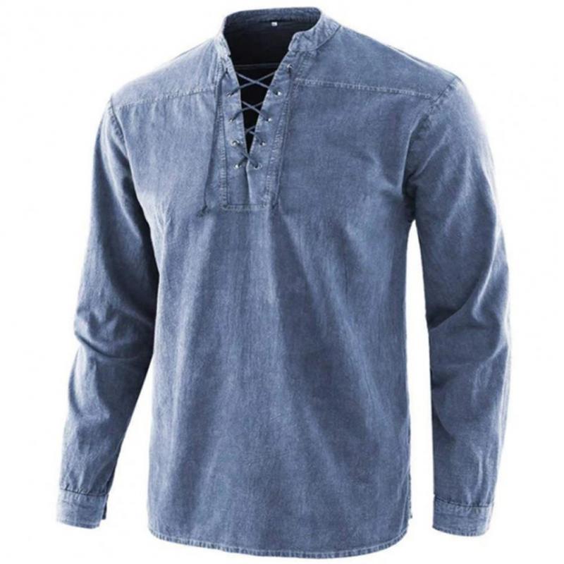 Spring Autumn Men T Shirt Vintage Stand Collar Solid Color Long Sleeve Causal T Shirt Men Fashion Cotton Tops Tees Mens Clothing