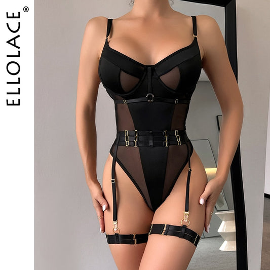 Ellolace Sexy Bodysuit Lace Seamless Mesh Tops See Through Sissy Teddy Backless Body With Garter Baddie Outfit One Piece Tight