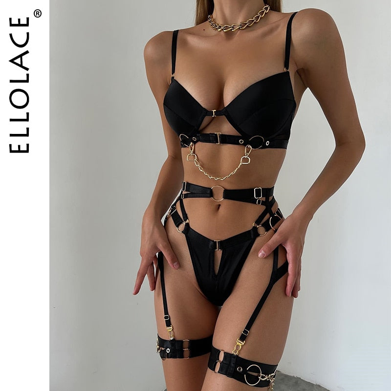 Ellolace Fine Lingerie Sexy Fancy Underwear 5-Piece Delicate Luxury Erotic Sets With Chain Bra And Panty Set Garters Intimate