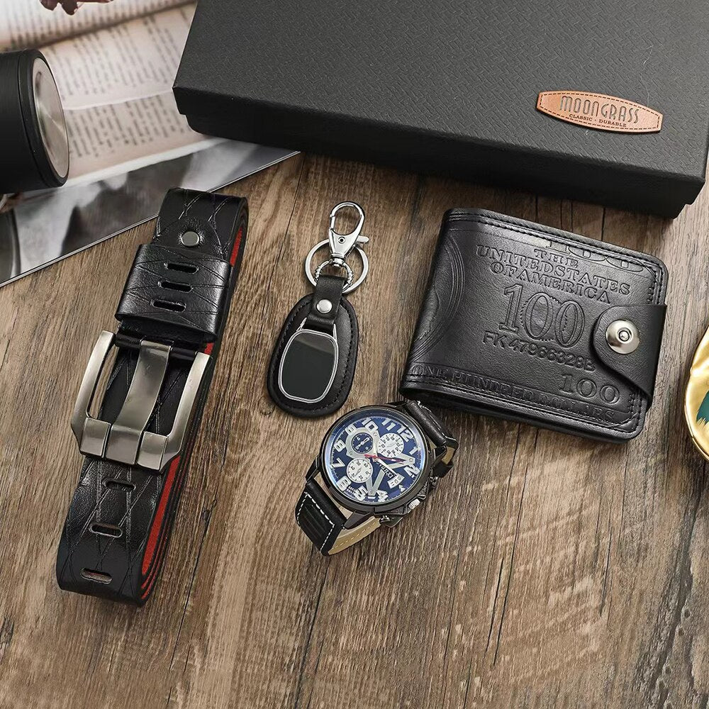 4pcs/set Men&#39;s Combination Of Quartz Watch Black Leather Belt Wallet Keychain Wristwatches For Male Valentine&#39;s Day Present Gift